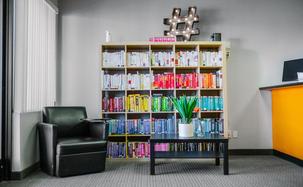 A bookshelf in a publishers office