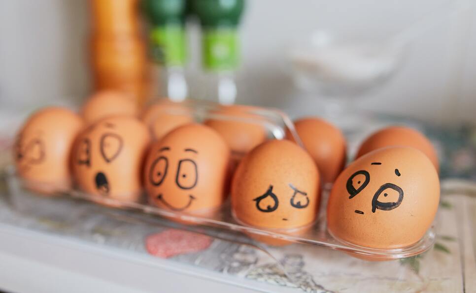 Expressions on eggs to represent 101 character writing prompts